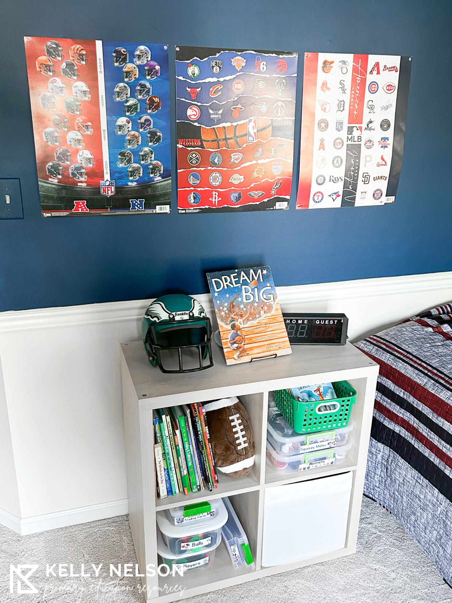 sports themed bookshelf with sports posters and memorabilia